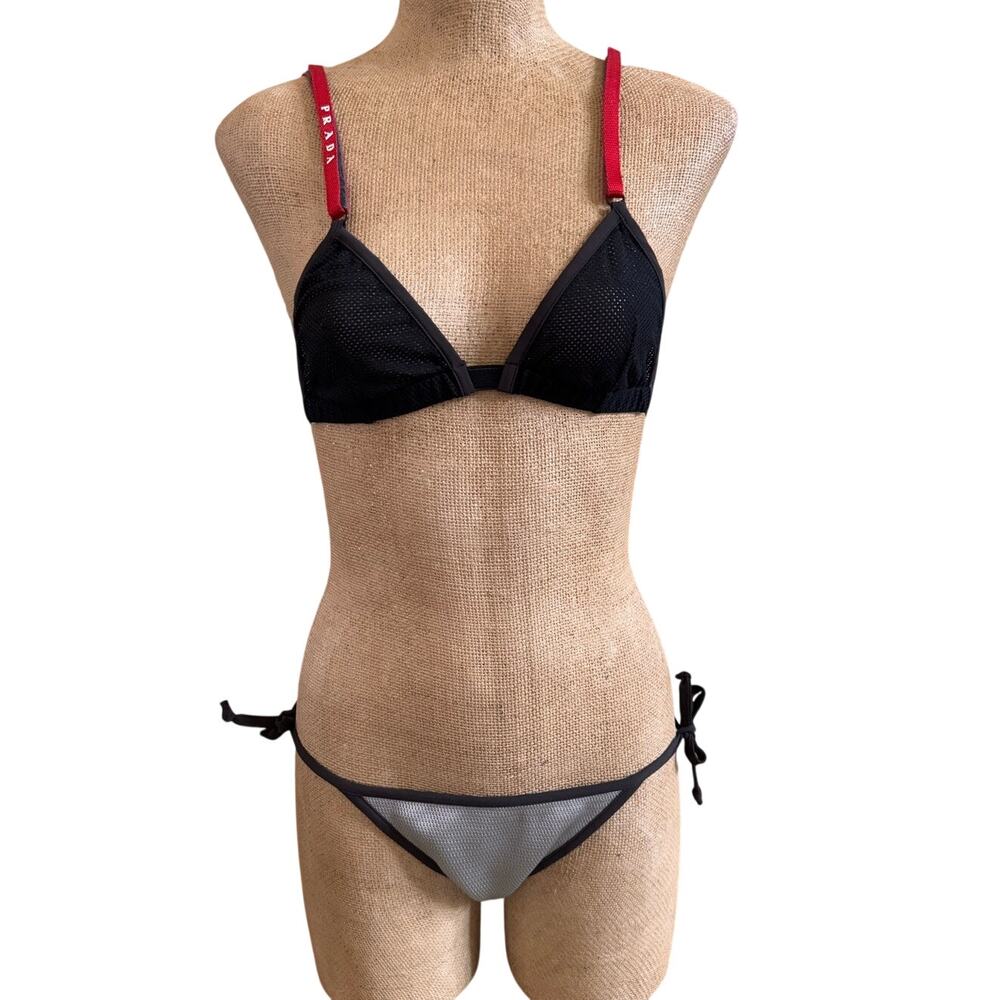 Prada Linea Rossa Mesh Triangle String Bikini Webbed Logo Straps Size 38 US 2 XS